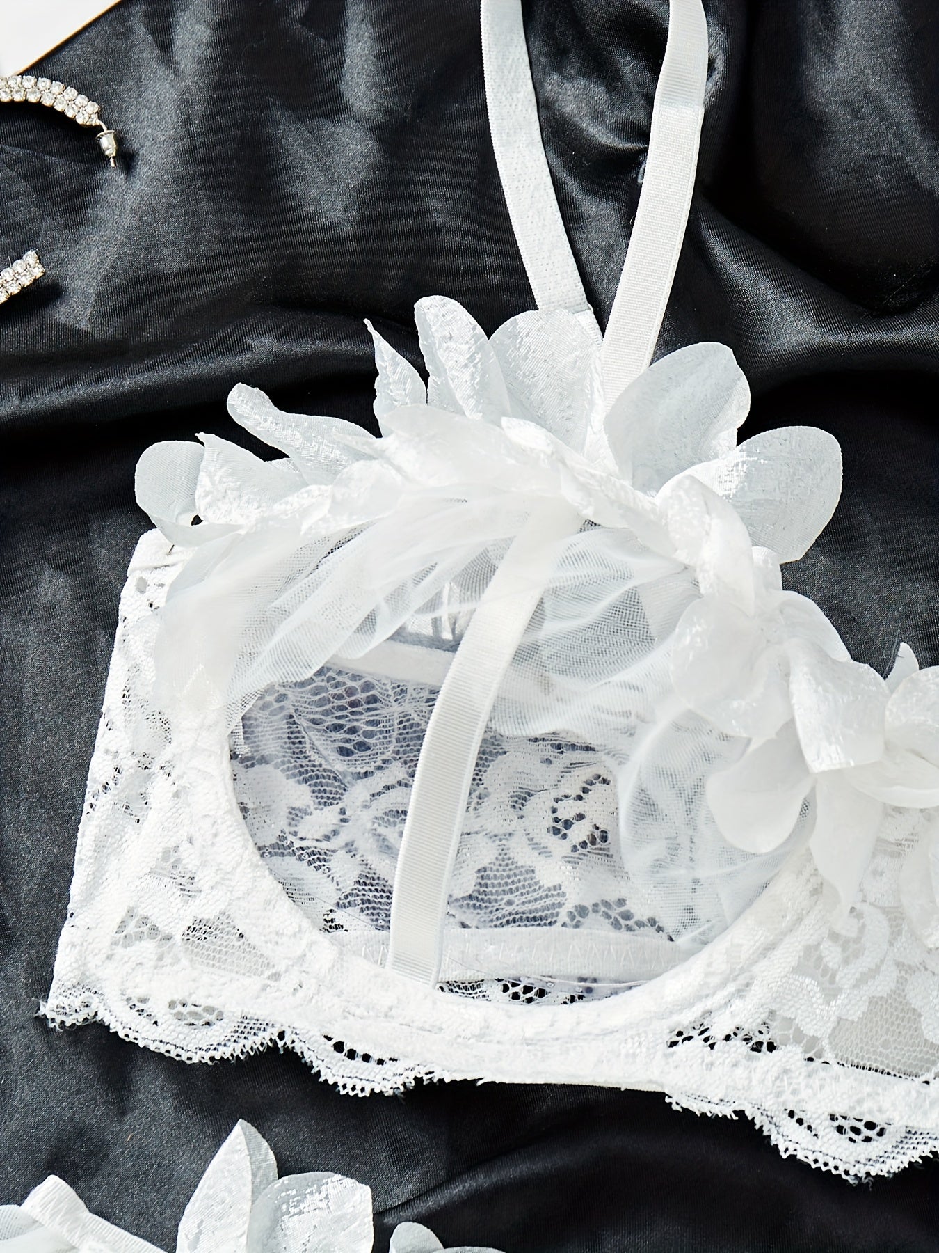 Women's Lace Lingerie Set with Bra Thong Garter Belt and Bridal Headpiece