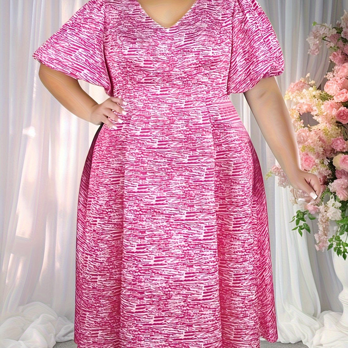 Women's A-Line Dress With Floral Print V-Neck Puff Sleeves Party Wear
