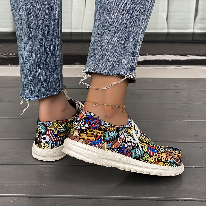 Women's Canvas Slip-On Sneakers with Floral Print and Cartoon Design