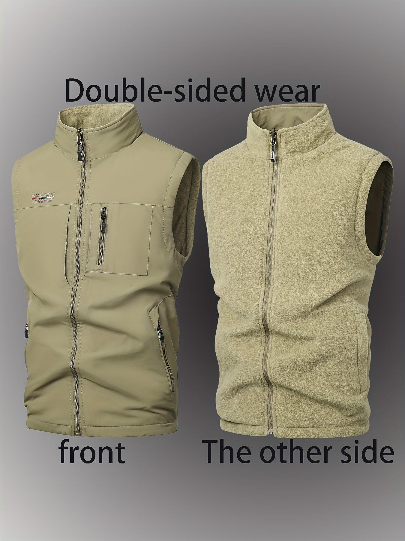 Men's Reversible Fleece-Lined Casual Vest Nylon Stand Collar Embroidered Alphabet Non-Stretch Sleeveless Fall Winter