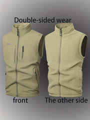 Men's Reversible Fleece-Lined Casual Vest Nylon Stand Collar Embroidered Alphabet Non-Stretch Sleeveless Fall Winter