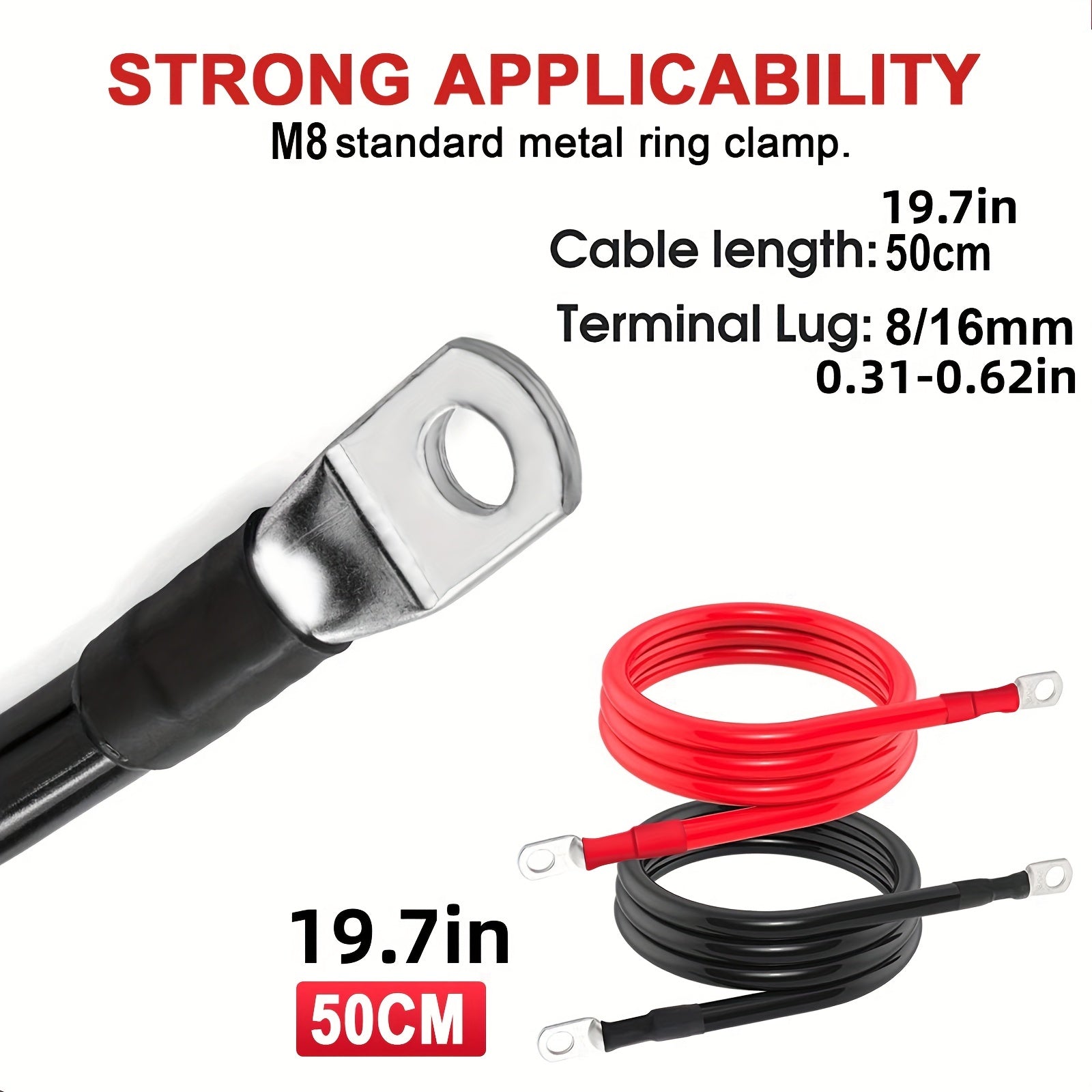 Car Battery Cable Copper Power Cord 2pcs 30/50/70/100cm 12V M8 Ring Clamp