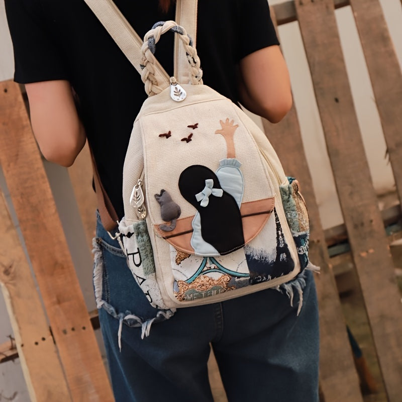 Mochila de estilo bohemio con estampados coloridos de gatos y gansos para uso casual