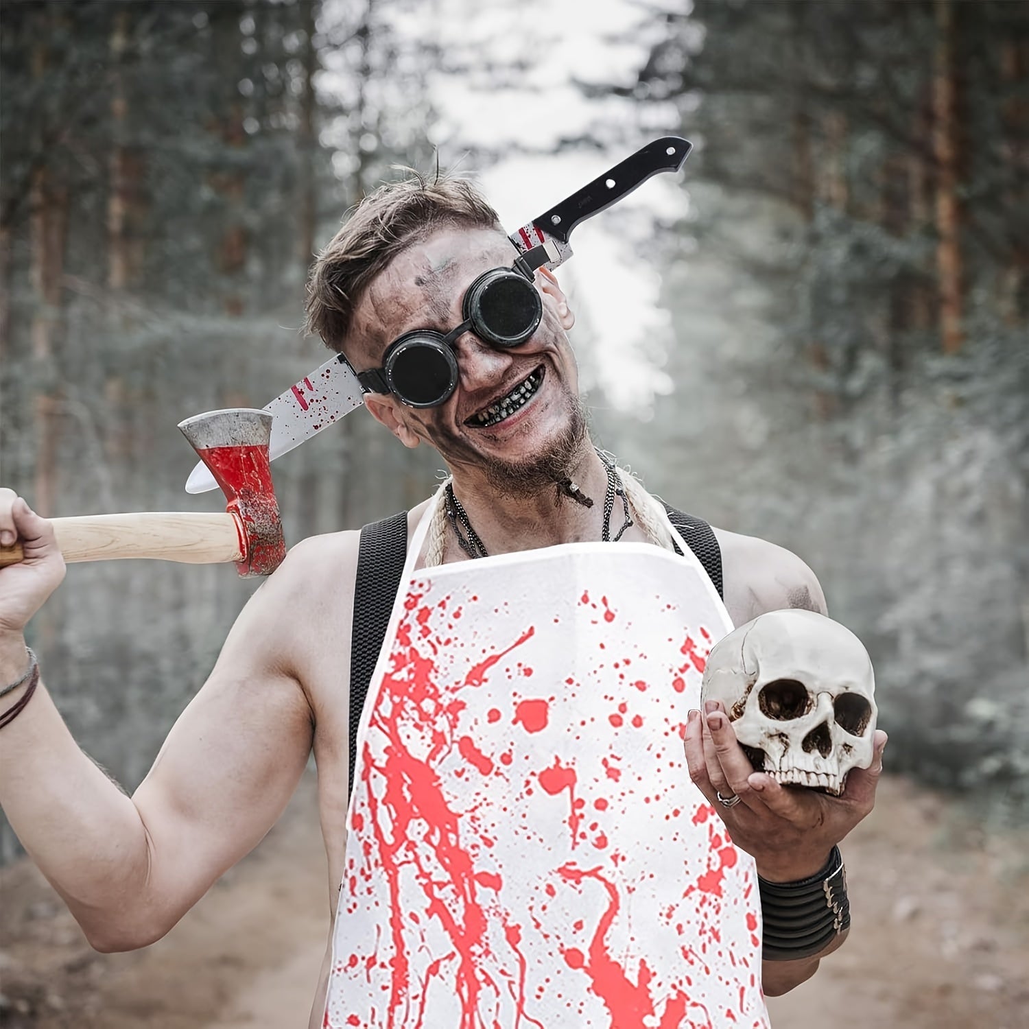 Unisex Halloween Vampire Zombie Costume Set with Knife Hair Band and Bloody Apron