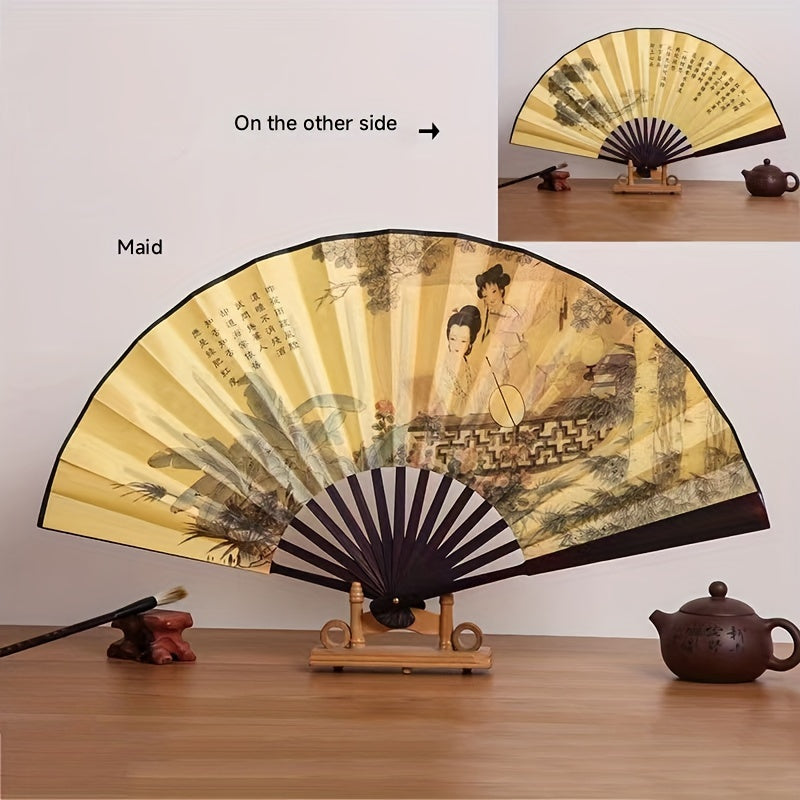10-Inch Bamboo Folding Fan with Dual-Sided Silk Design Traditional Chinese Style Women’s Accessory