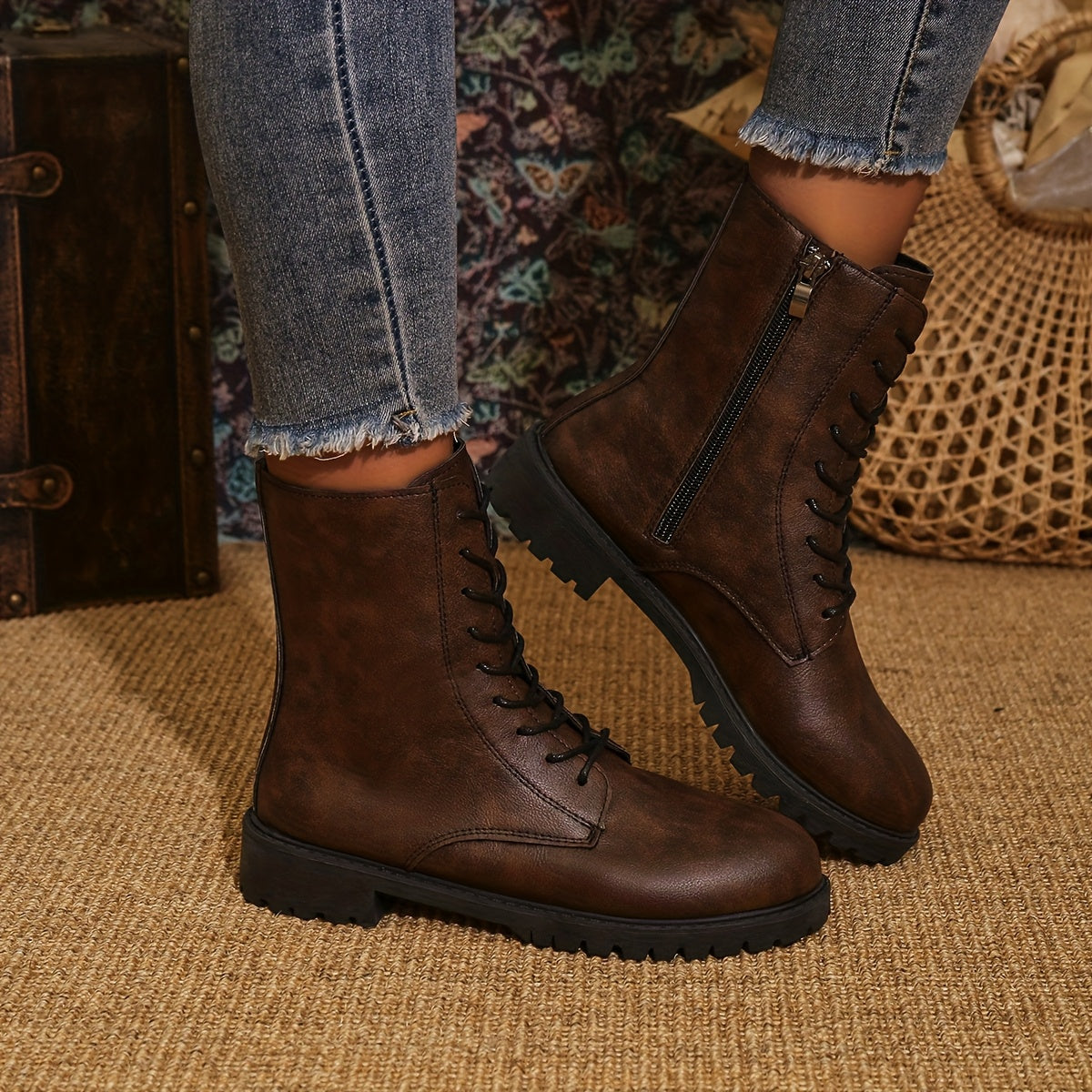 Женские ботинки в западном панк-стиле до середины икры, искусственная кожа, шнуровка, ковбойские туфли