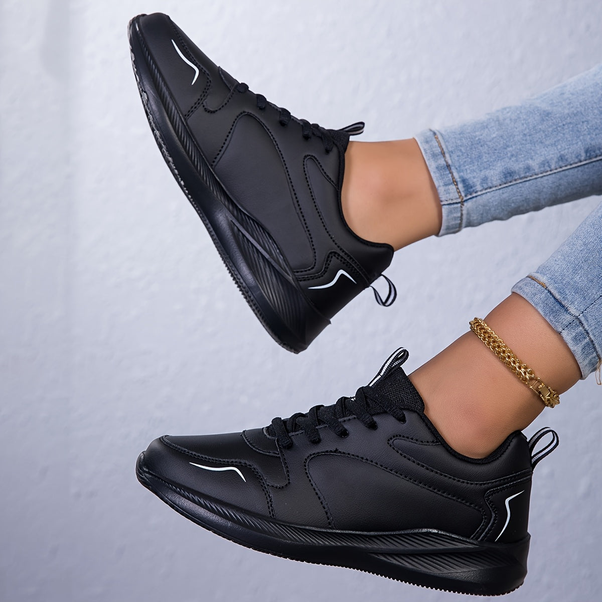 Women's Casual Low-Top Sneakers Soft Sole Korea Style Black Size 7
