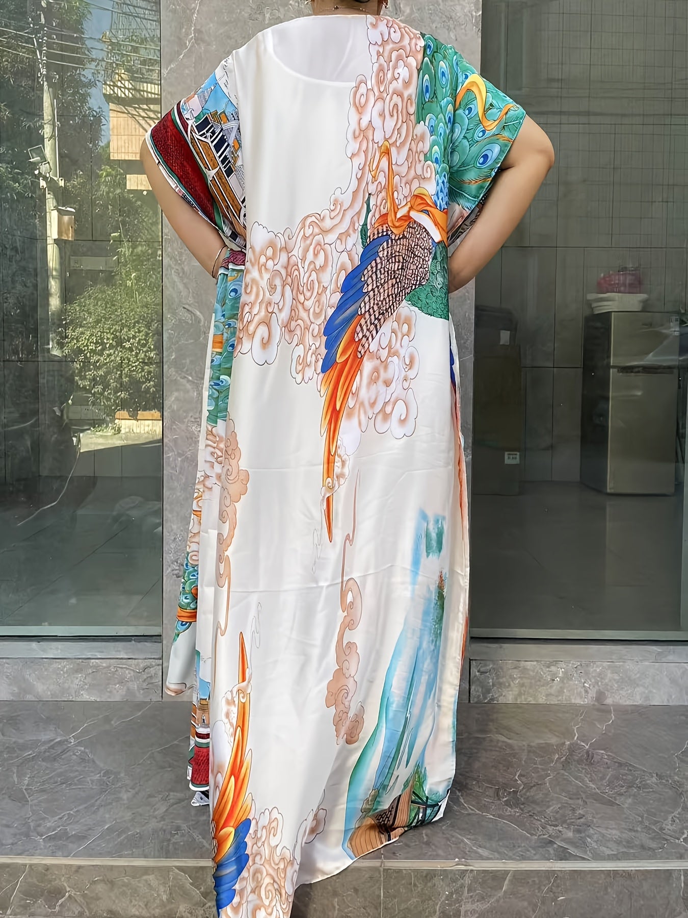 Plus Size Floral Print Longline Dress Short Sleeve Summer Clothing