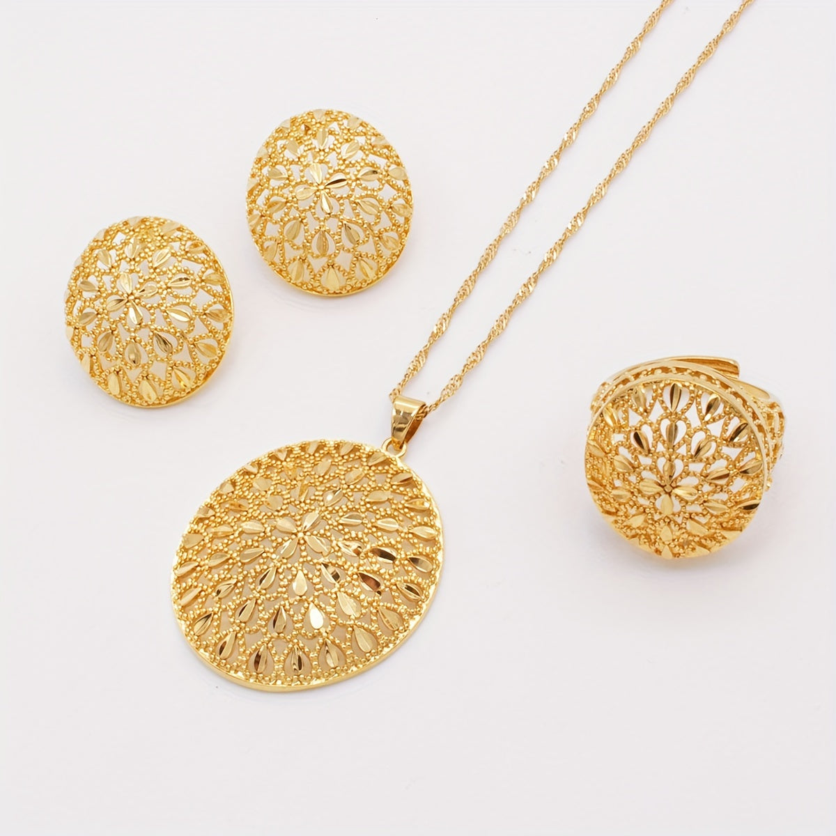 Gold-Plated Jewelry Set for Women African-Inspired Necklace Earrings Ring Gift