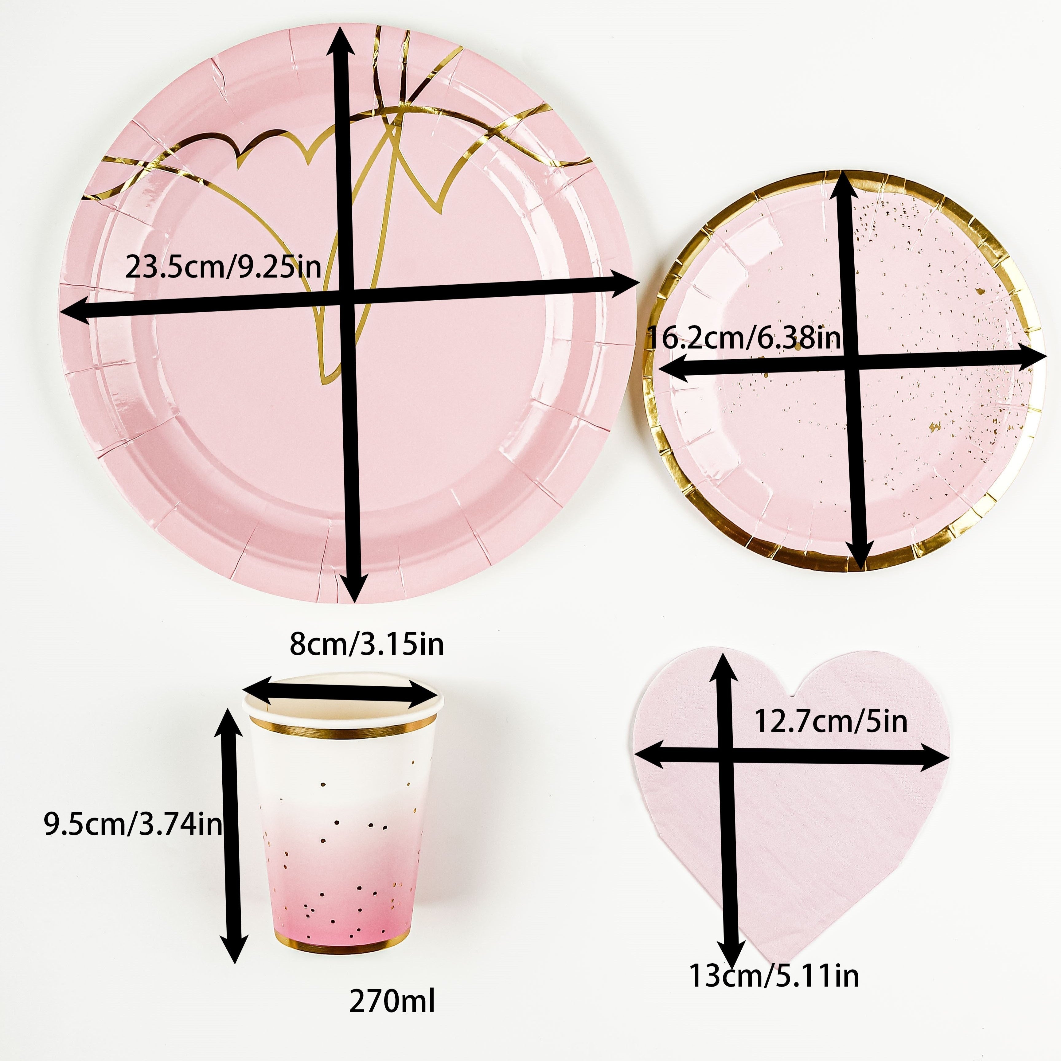 Set of 8 to 16 Pink and Gold Foil Polka Dot Disposable Cutlery Plates Cups with Heart Napkins for Parties Weddings Holidays