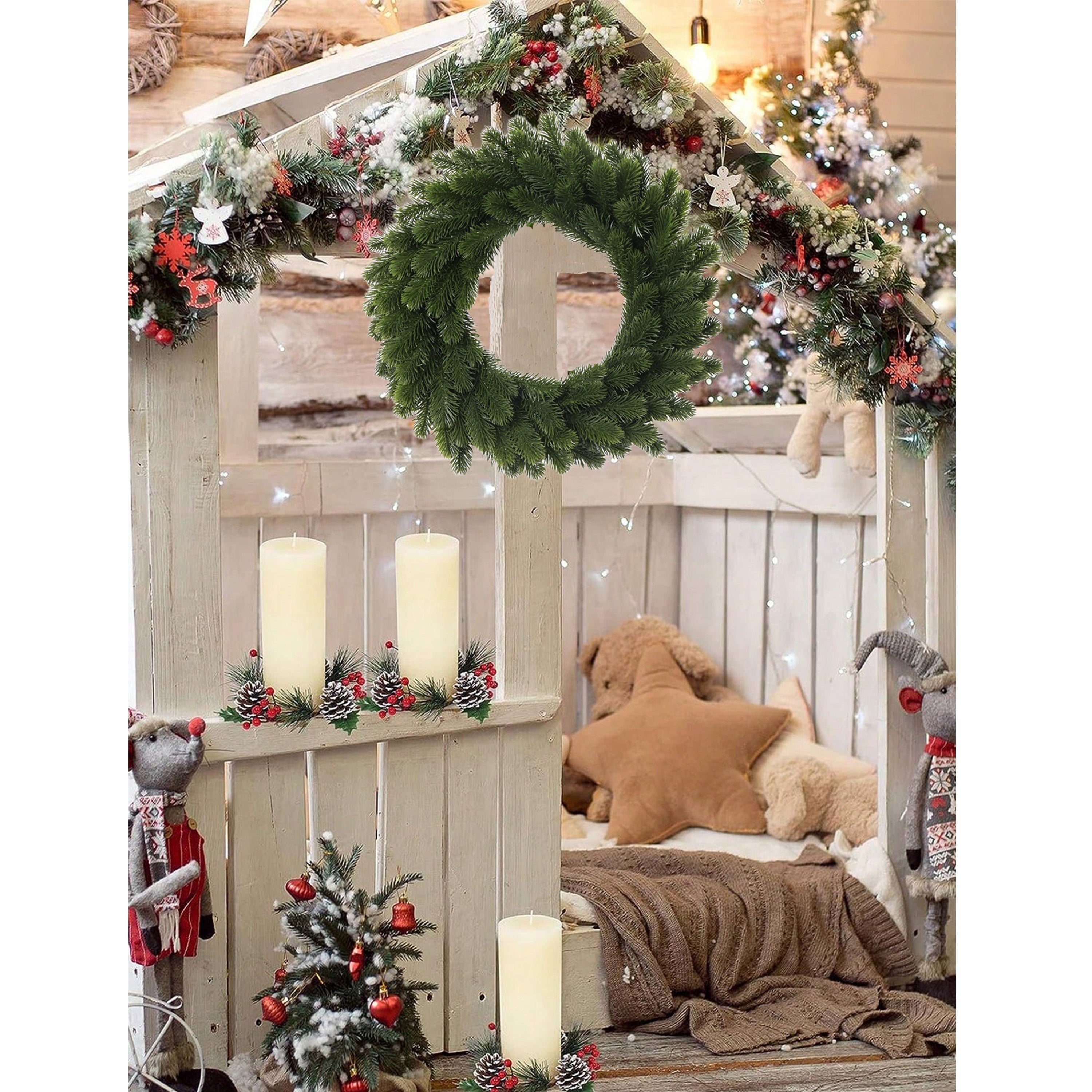 Green Pine Needle Wreath for Christmas Indoor Outdoor Decor