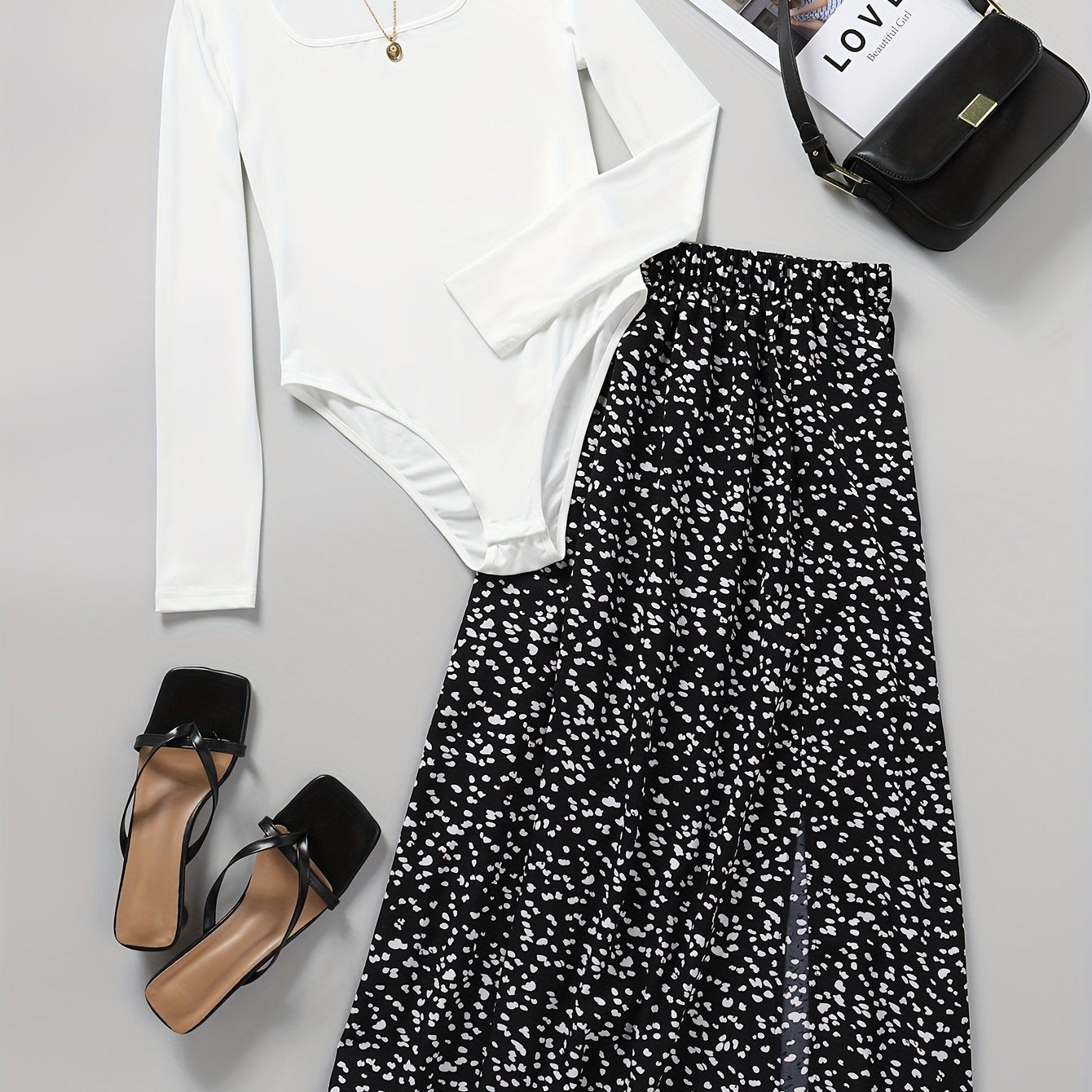 Ayollar uchun zamonaviy ikki qismli kiyim: uzun qo'l bodysuit va polyester aralashmasidan tayyorlangan gullar bilan bezatilgan yubka, kvadrat bo'yin, mashinada yuvish mumkin - bahor/yaz uchun ideal.