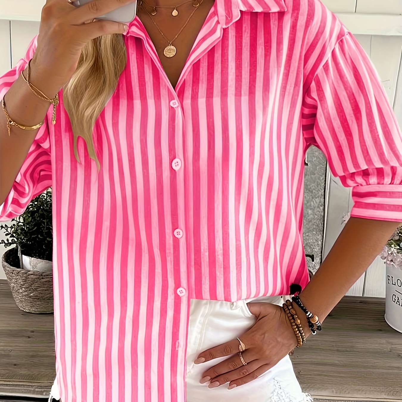 Women Plus Size Striped Short Sleeve Button-Up Shirt Pink White Casual Spring Summer