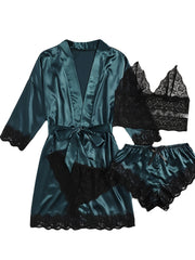 Women's Satin Pajama Set with Lace Detail 5-Piece Sleepwear with Belt in Multiple Colors
