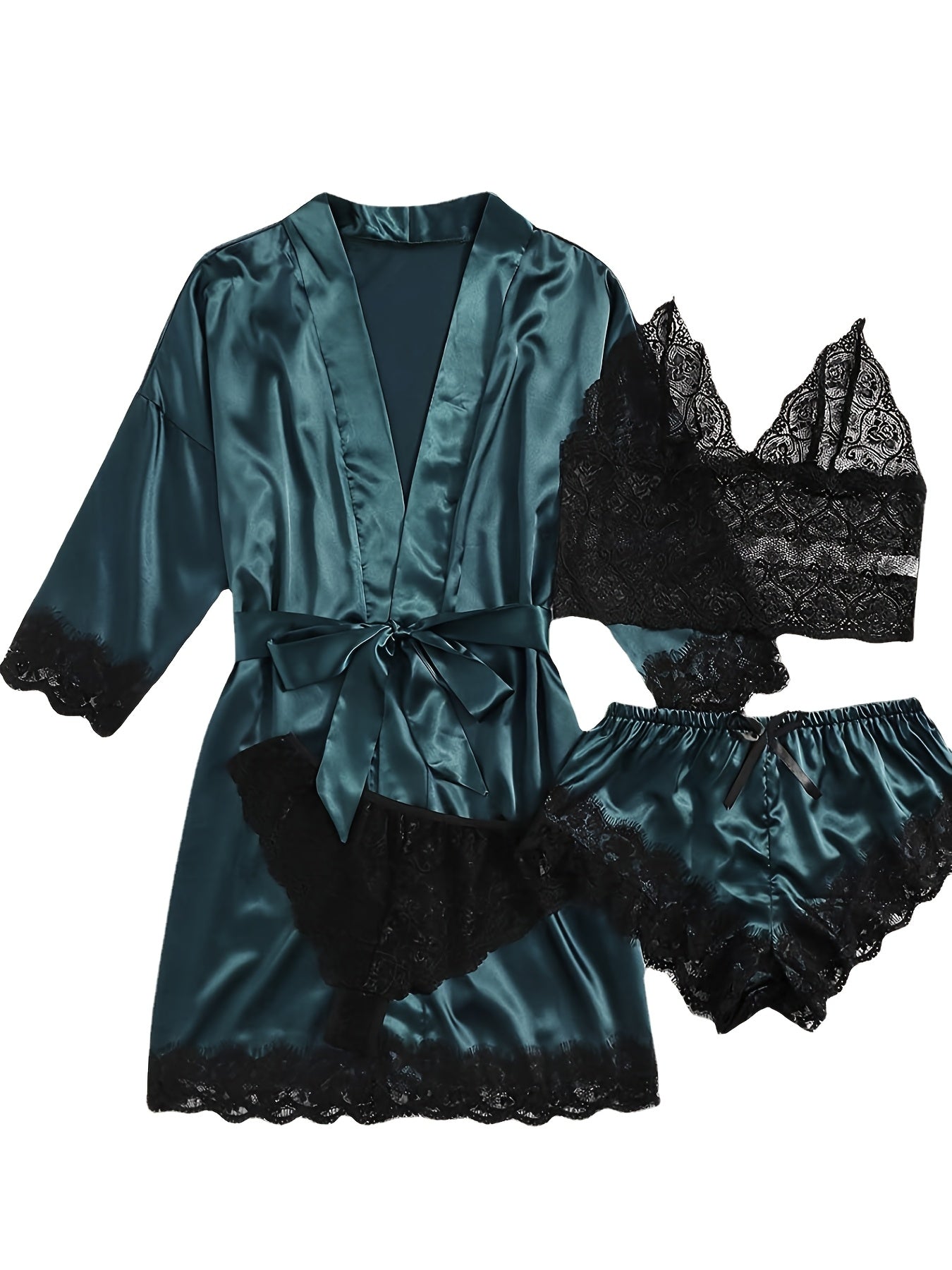 Women's Satin Pajama Set with Lace Detail 5-Piece Sleepwear with Belt in Multiple Colors