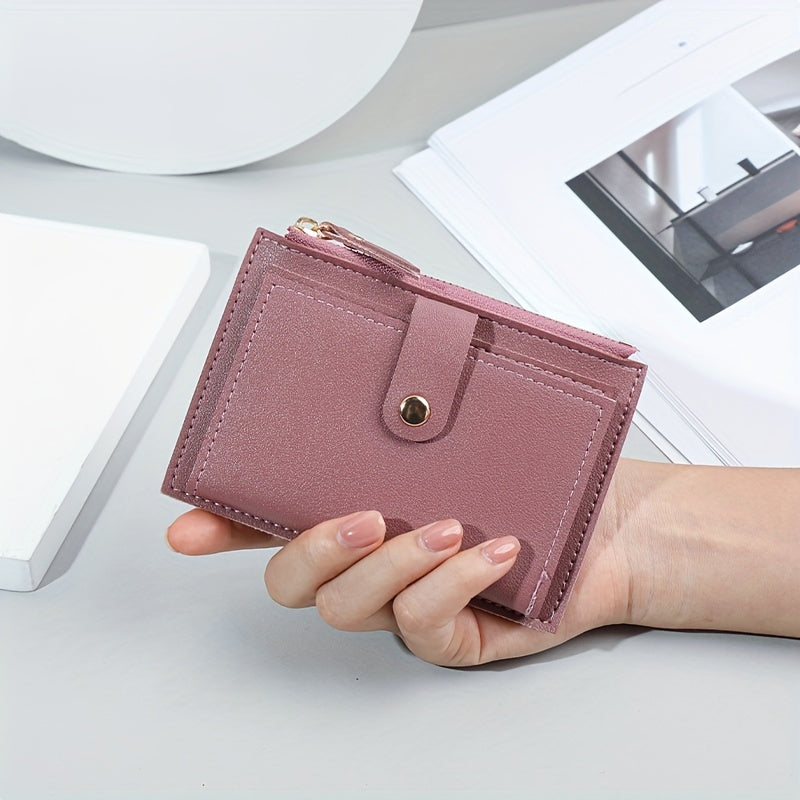 Women's Bifold Wallet with Zipper Snap Button in Pink Blue Black Light Brown PU Material