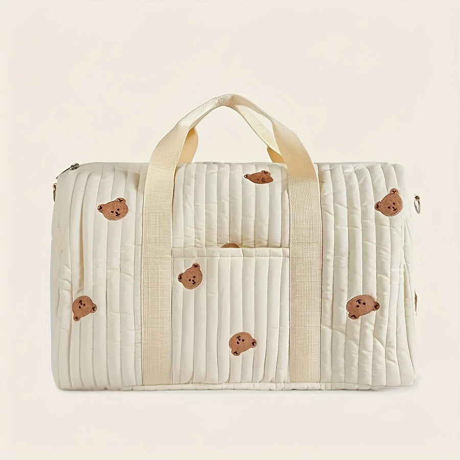 White Floral Embroidered Diaper Bag with Bear Face Patches for Parents
