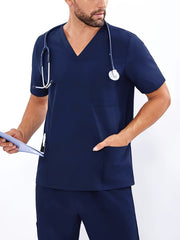 Men's Summer V-Neck Workwear Set Short Sleeve Shirt Pants Polyester Solid