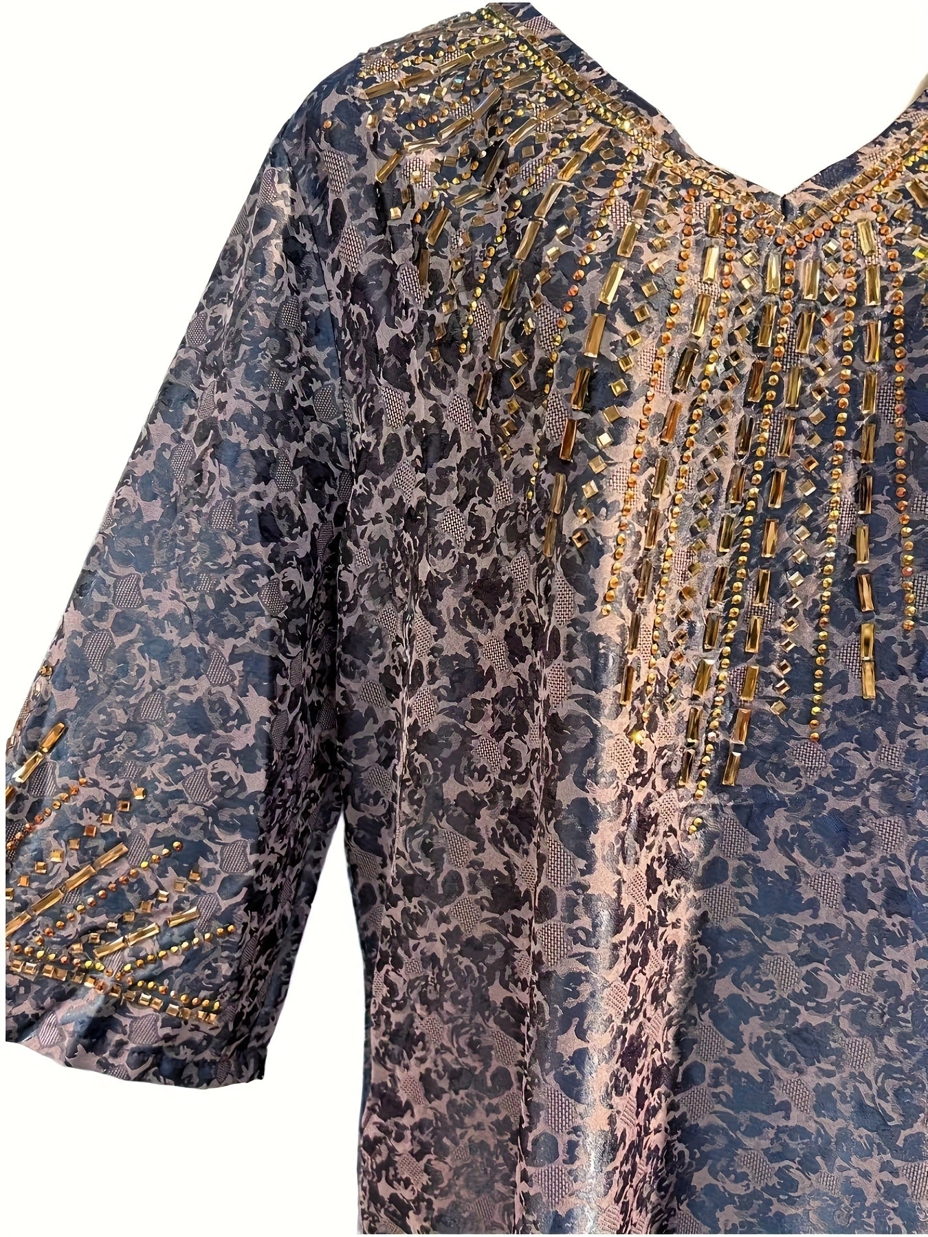 Plus Size Blue Floral Abaya with Rhinestone Embellishments Comfortable Breathable Fabric