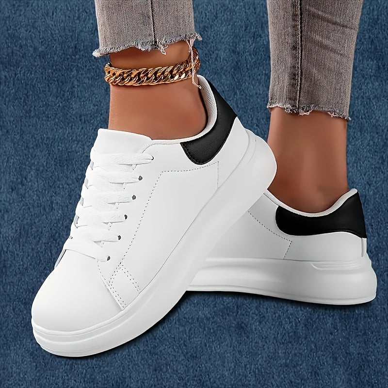 Women’s White Casual Sneakers with Black Accents, Lightweight EVA Sole