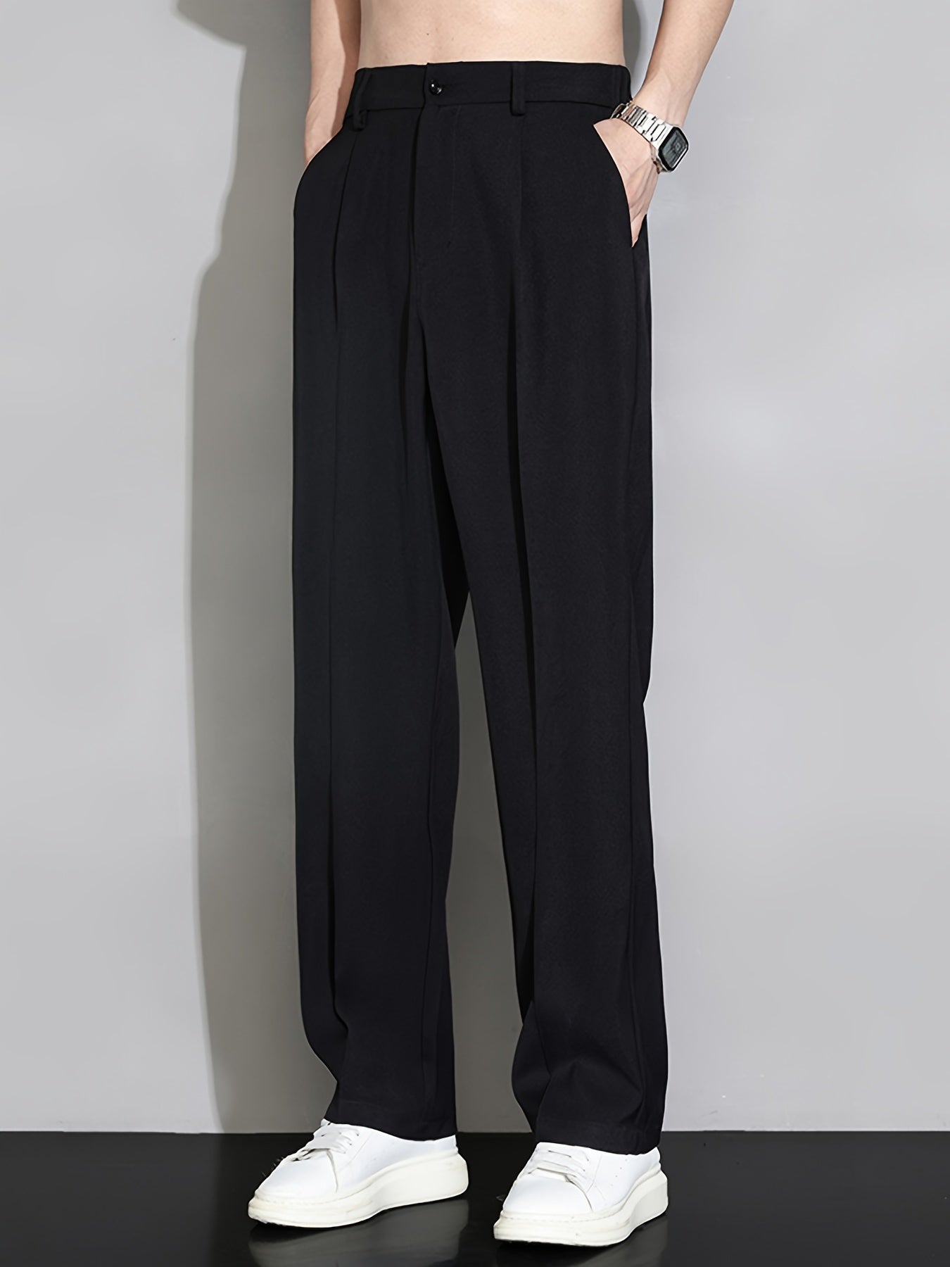 Pantalones de traje de verano para hombre de pierna recta, poliéster, sin elasticidad, de color sólido, casual, ajuste regular