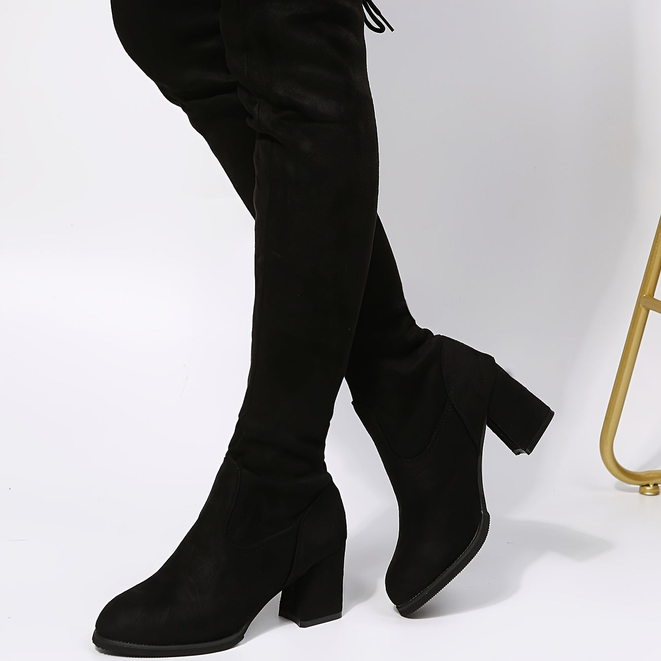 Women's Long Leather Boots Knee High Heels Heightening Finger Black