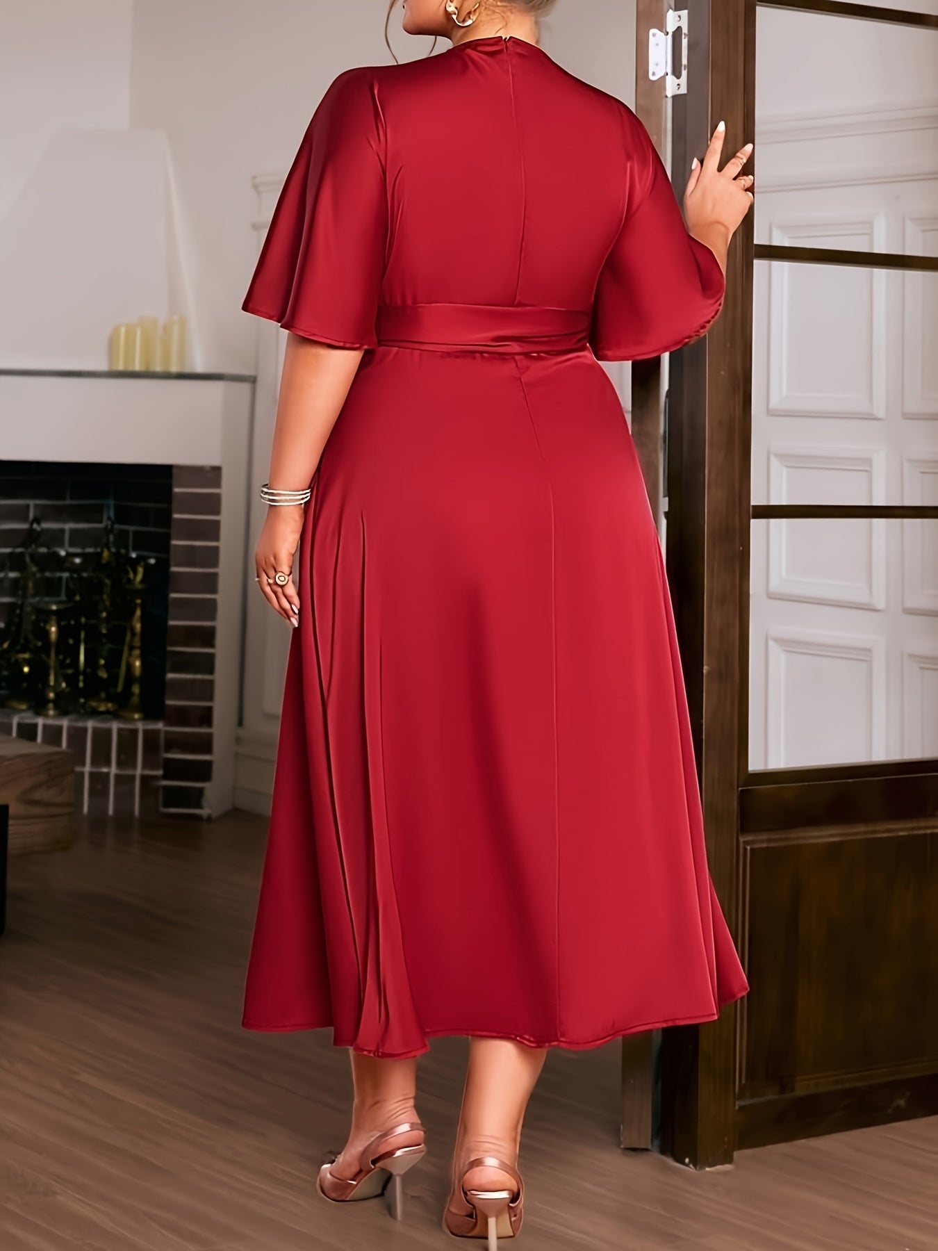 Women's Plus Size Long Dress Polyester Spandex Blend Crew Neck Short Sleeve Wedding Guest