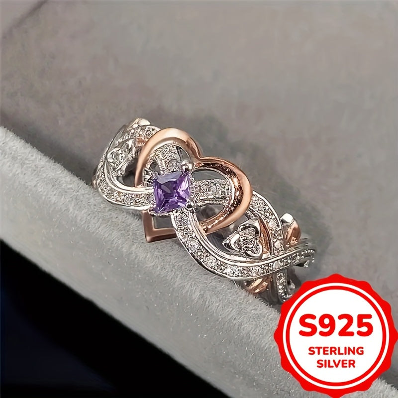 Sterling Silver Infinity Heart Ring with Purple Synthetic Zirconia Engagement Jewelry