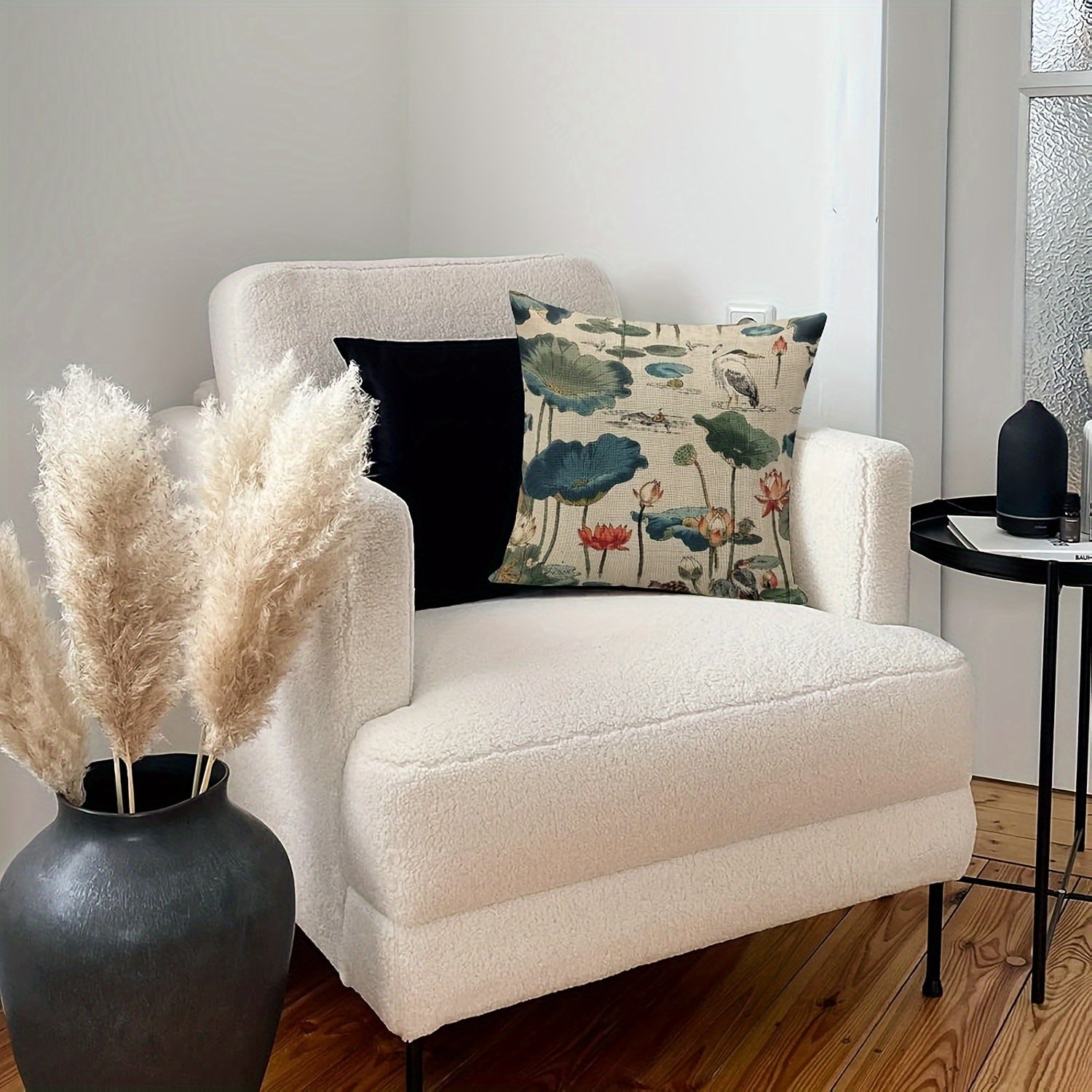 18x18 Linen Throw Pillow Cover with Birds and Lotus Print, Machine Washable, Zipper Closure