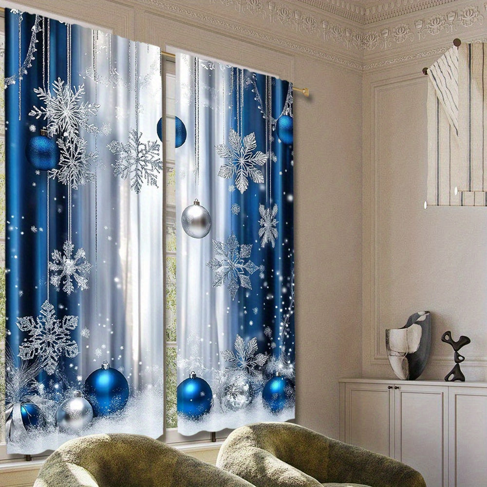 Blue Festive Curtain Set Includes 2 Polyester Digital Printed Rod Pocket Drapes for Living Room Kitchen Dining