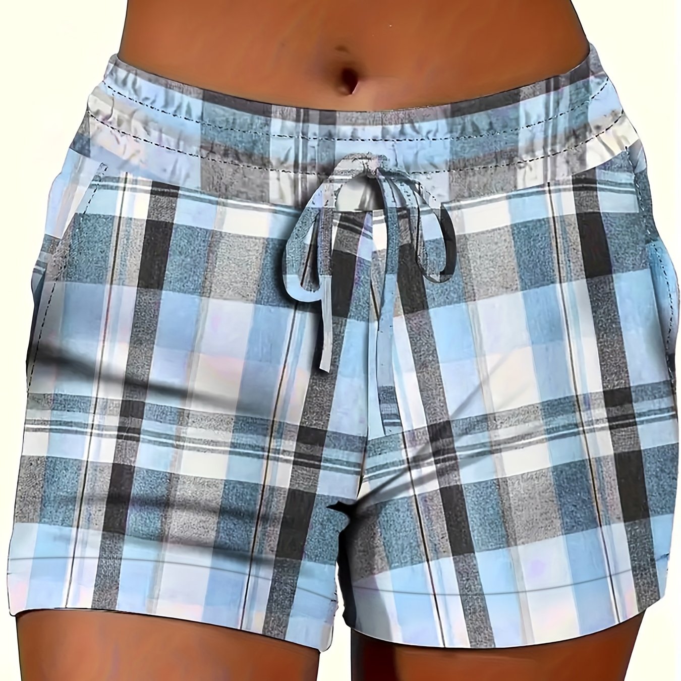 Plus Size Women Casual Summer Plaid Drawstring Shorts