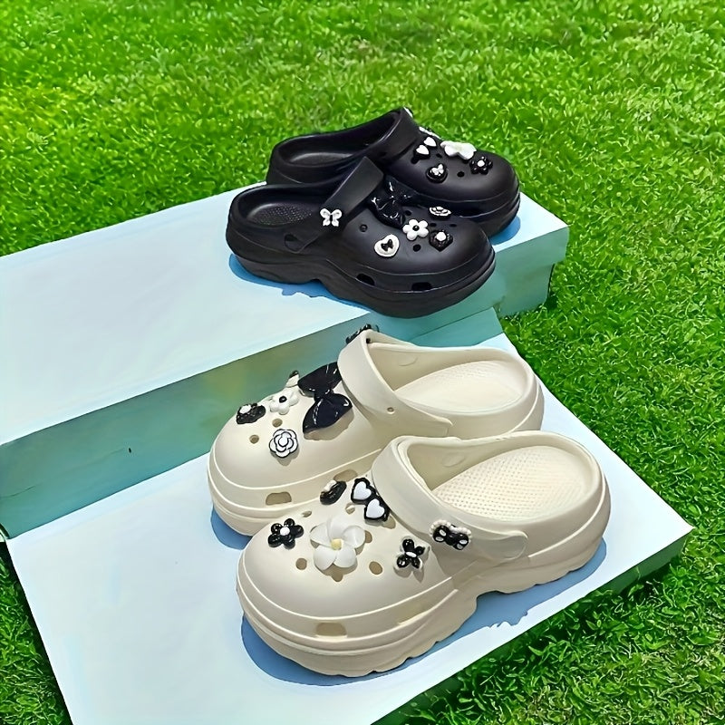 Women's Beach Shoes EVA Thick Sole Floral Black White Comfortable for Summer