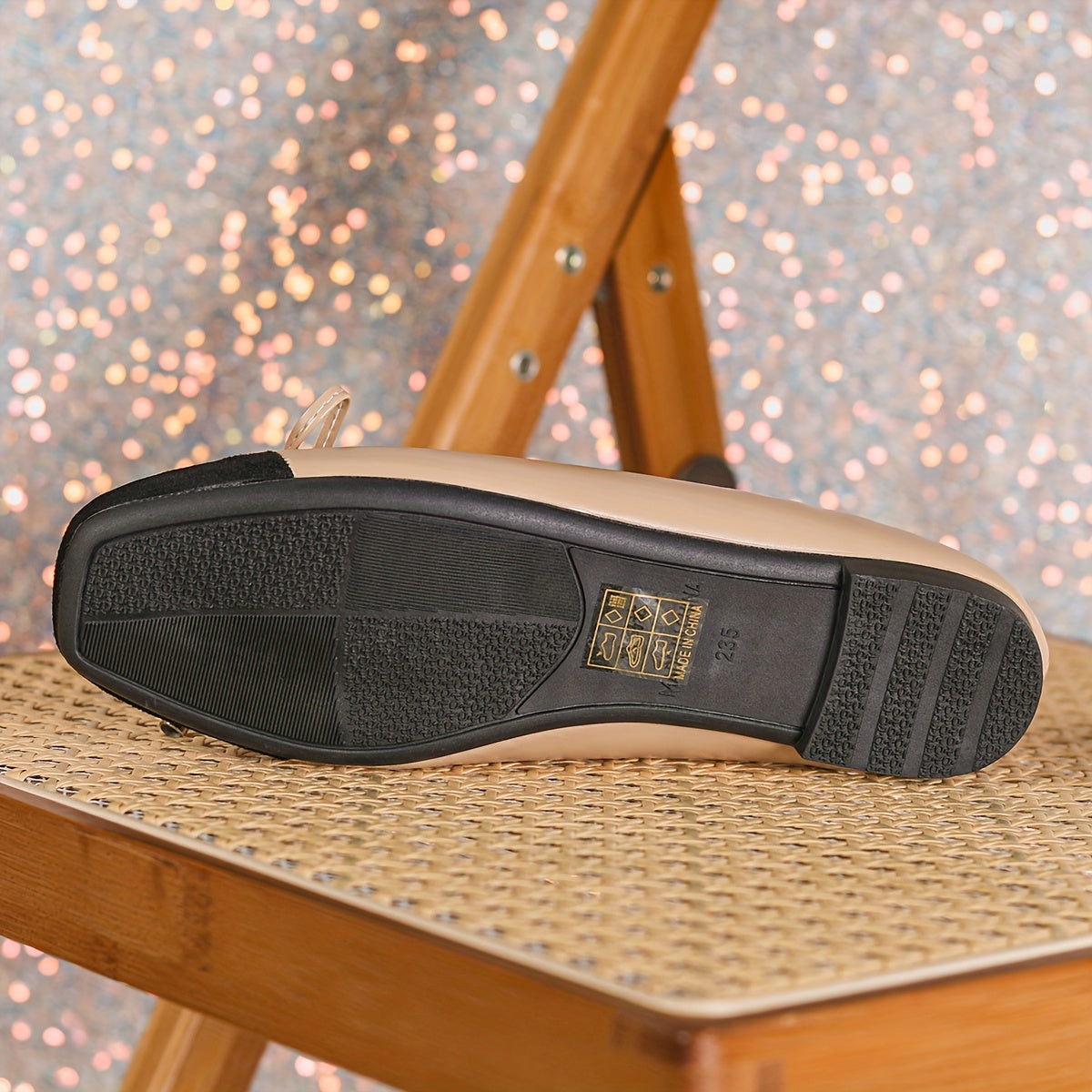 Women's Mary Jane Flats Light Brown Black Bow Casual Comfortable Slip-On Square Toe