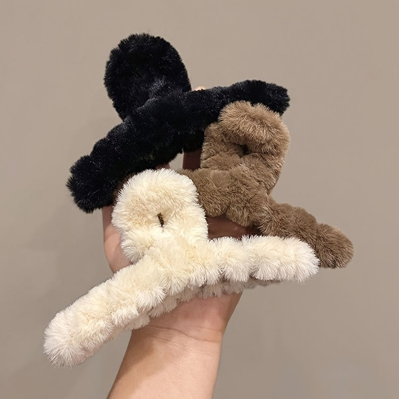 Set of 3 Large Flannelette Hair Claw Clips Oval Solid Color Elegant Fuzzy Hair Accessories for Festive Hairstyles