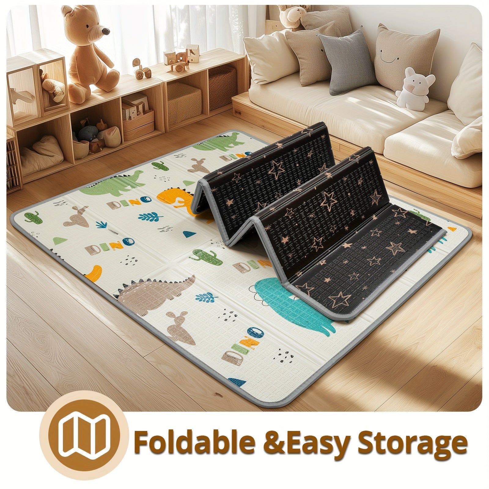 Reversible Seahorse and Stars Play Mat Waterproof Foam Safety Pad 127cm with Fence