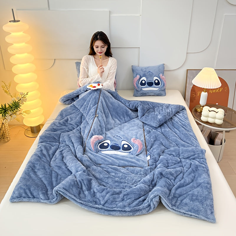 2-In-1 Pillow and Blanket Set for Adults Polyester Cartoon Travel Office Winter