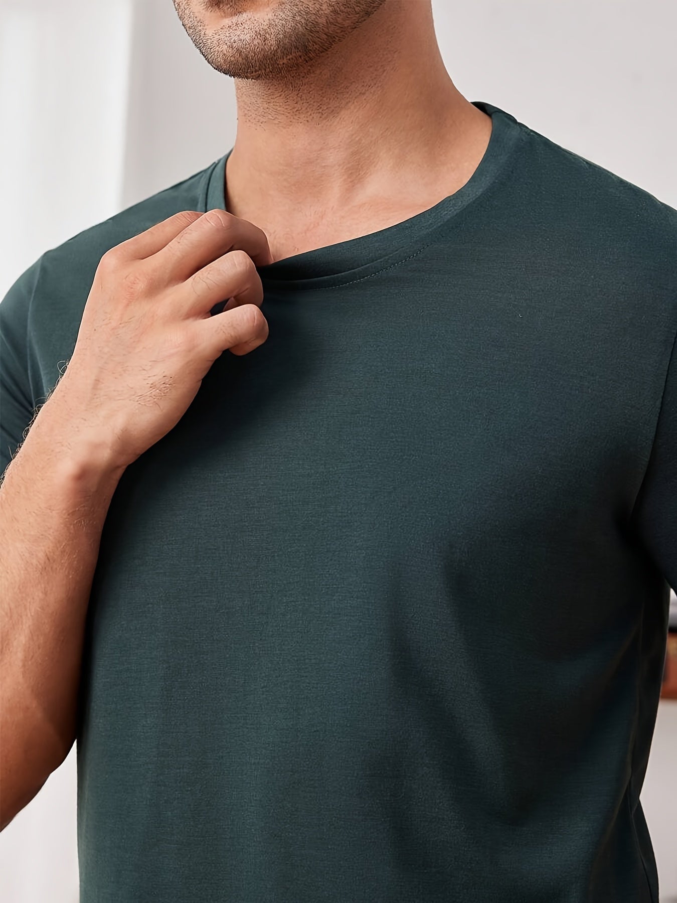 Men's Dark Green Pajama Set with Short Sleeve Crew Neck Top and Plaid Trousers