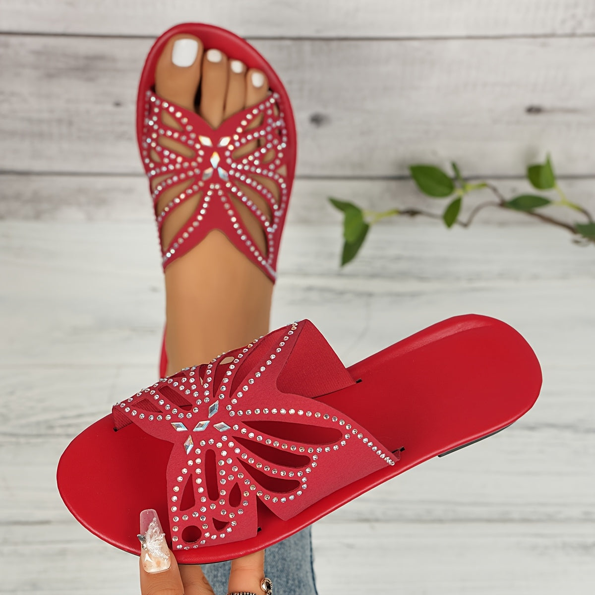 Women's Summer Slide Sandals Rhinestone Butterfly Open Toe Flat Heel
