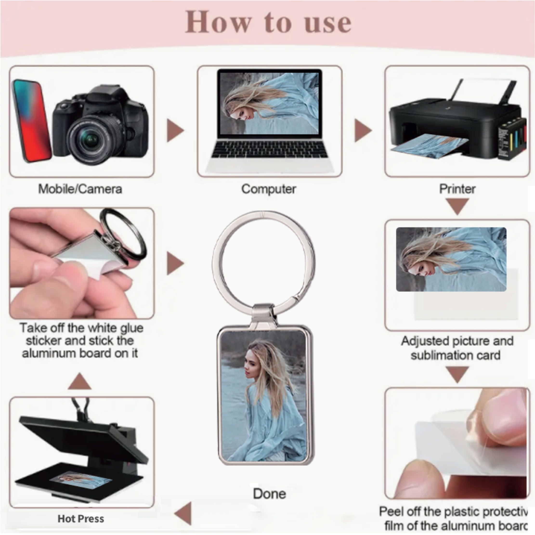 10 ta DIY Sublimatsiya Bo'sh Metall Kalitlar To'plami, To'rtburchakli Foto Ramka Kalit Halqalari, Maxsus Sovg'alar uchun Qayta Ishlash Materiallari, 14-fevral Dekor