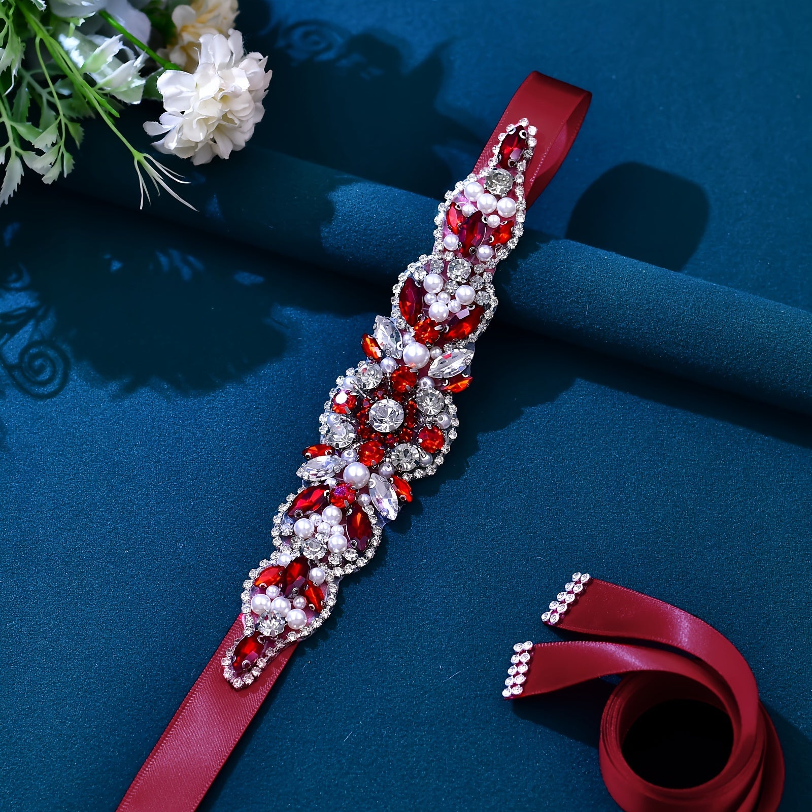 Red Satin Wedding Sash Belt with Rhinestones for Bridal Dresses and Evening Gowns