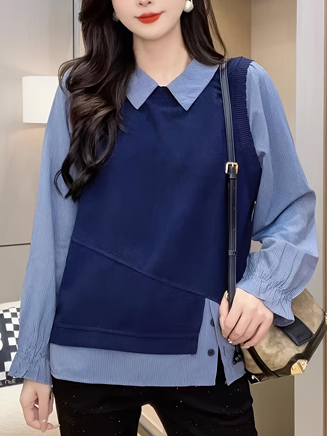 Ayollar uchun yupqa fit faux ikki qismli pullover kofta patchwork dizayni