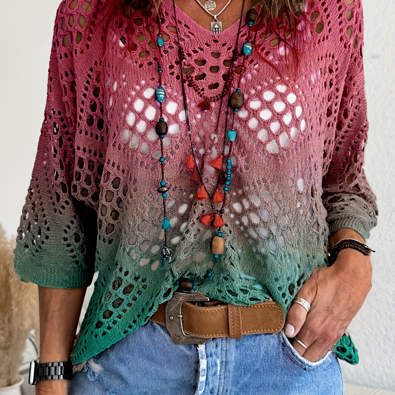 Women's Bohemian V-Neck Knit Top Spring Summer Colorful Gradient Lightweight