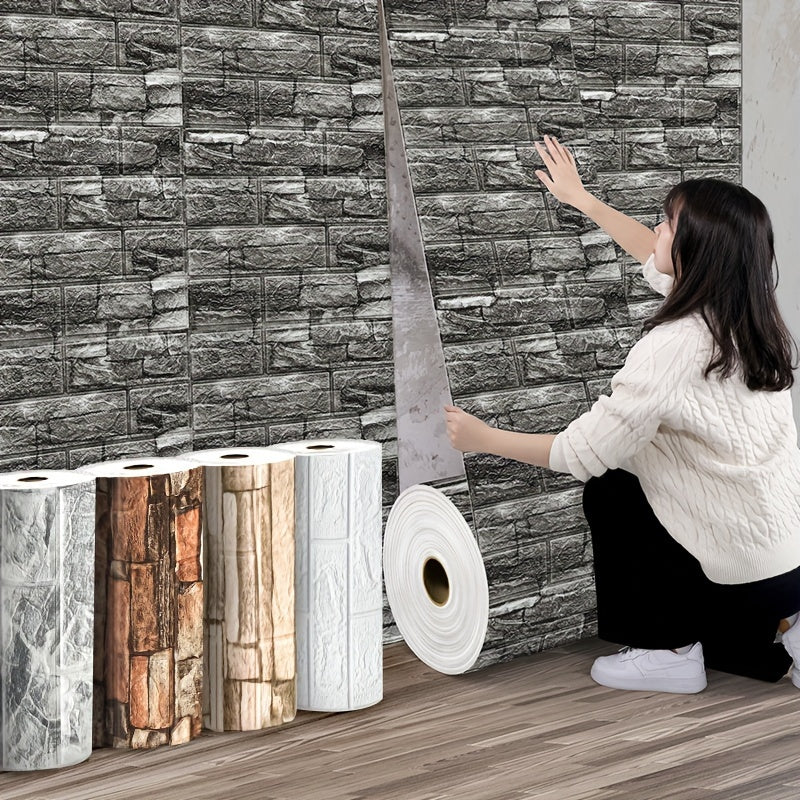 10m Waterproof Self-Adhesive 3D Brick Wallpaper Stickers Gray Brown Marble Pattern for Wall Decor