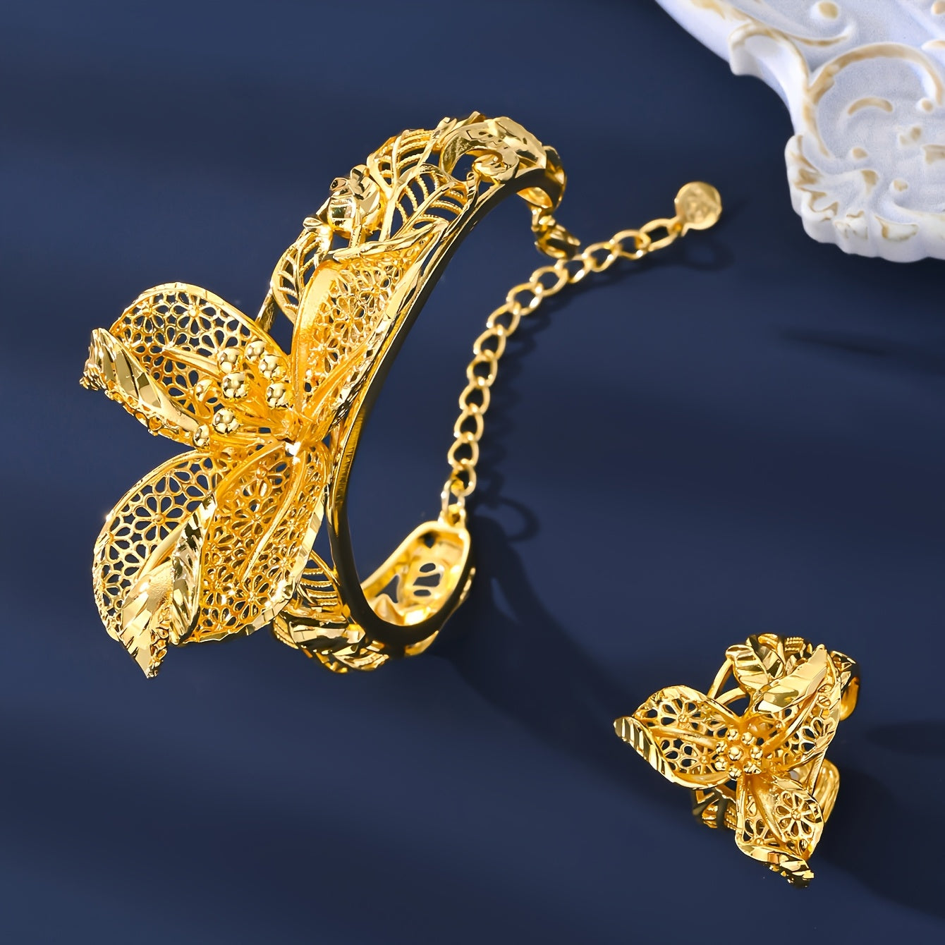 Gold Plated Jewelry Set with Floral Necklace Adjustable Ring and Pendant Earrings