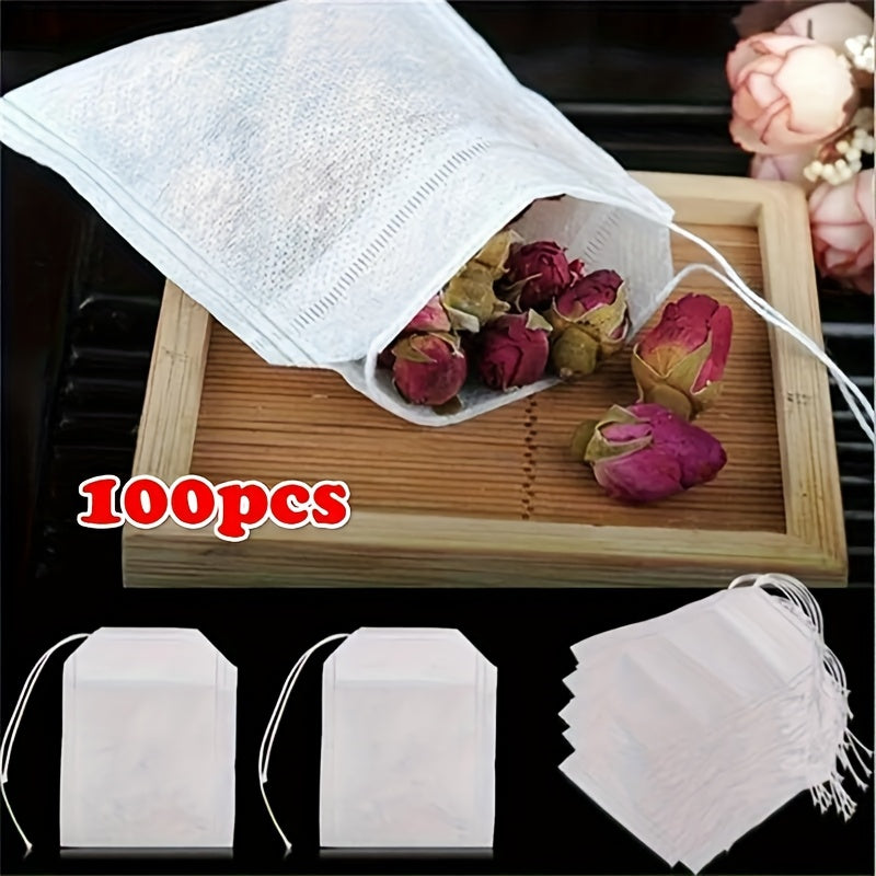 Pack of 100 Disposable Tea Bags with Drawstring, Clear Non-Woven Fabric, Scented Tea Leaves