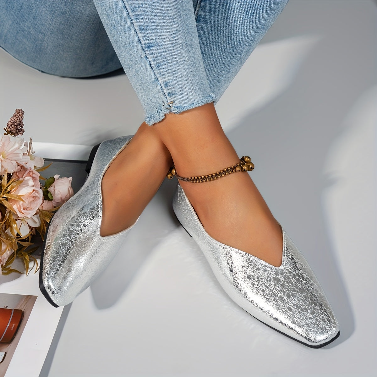 Women's Square Toe Flat Shoes Leather Low Heel Comfortable Work Shoes