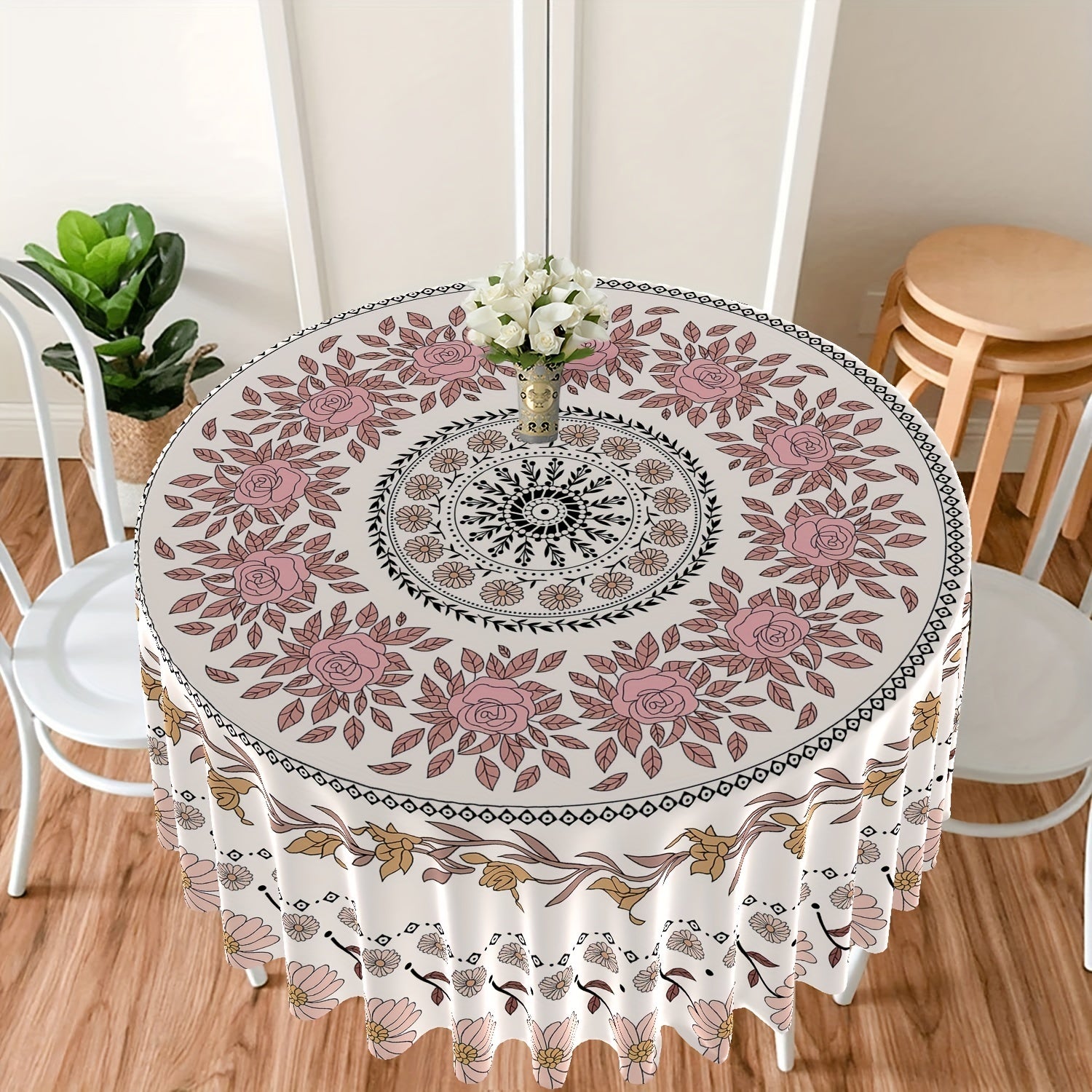 Large Flower Pattern Round Tablecloth for Dining and Home Decor