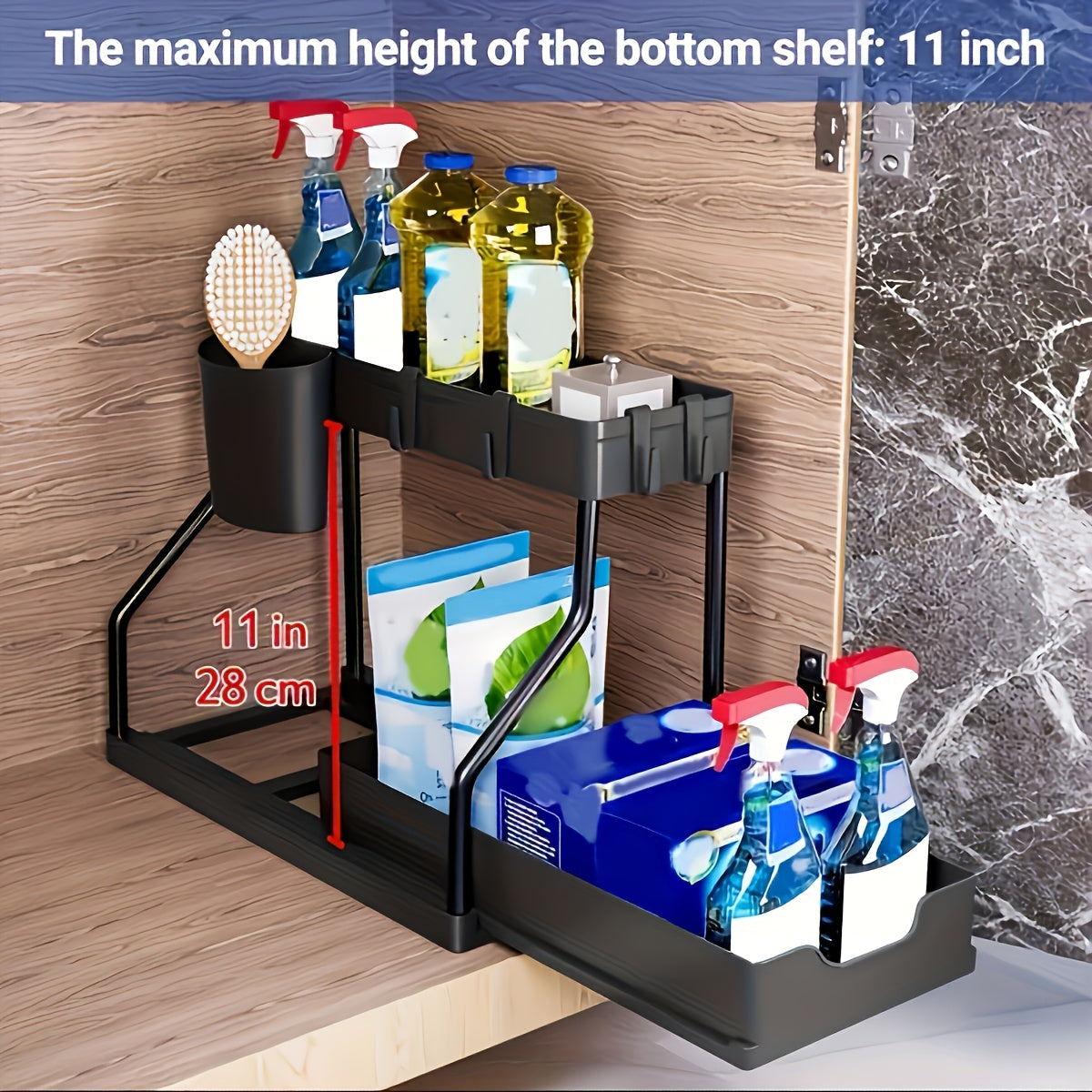 Pull-Out Storage Organizer Drawer 2 Tiers High Capacity Durable Kitchen Bathroom Home