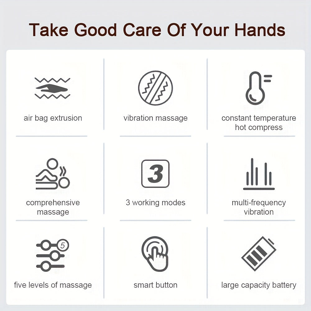 USB Rechargeable Hand Massager with Heat Vibration 5 Modes Finger Care Black White