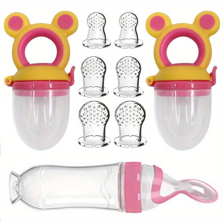 Baby Feeding Set 9 Pieces Silicone Squeeze Bottle Fruit Feeder Teething Pacifier Toys for Infants